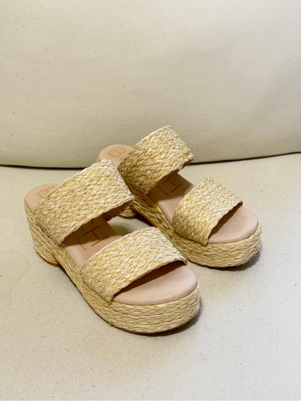 Woven Double-Strap Platform Slide Sandals — Natural Straw
